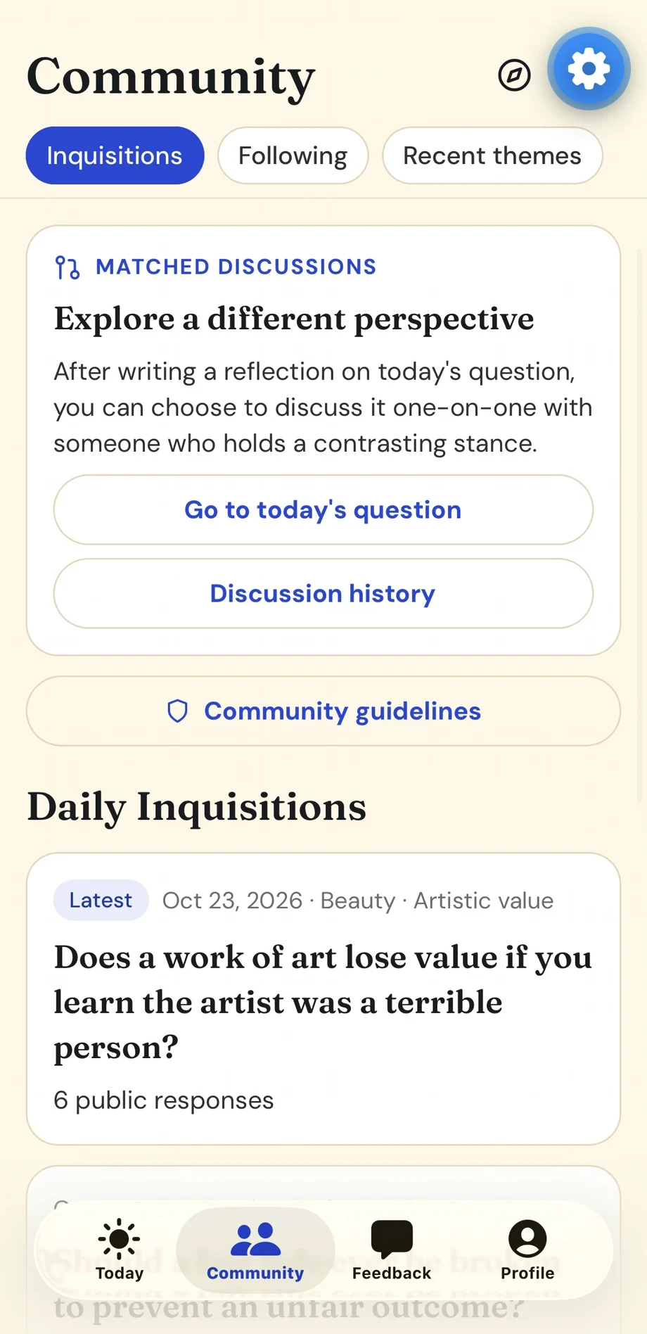 Prototype screenshot of the Community screen, with public reflections around the same daily question and matched discussion options