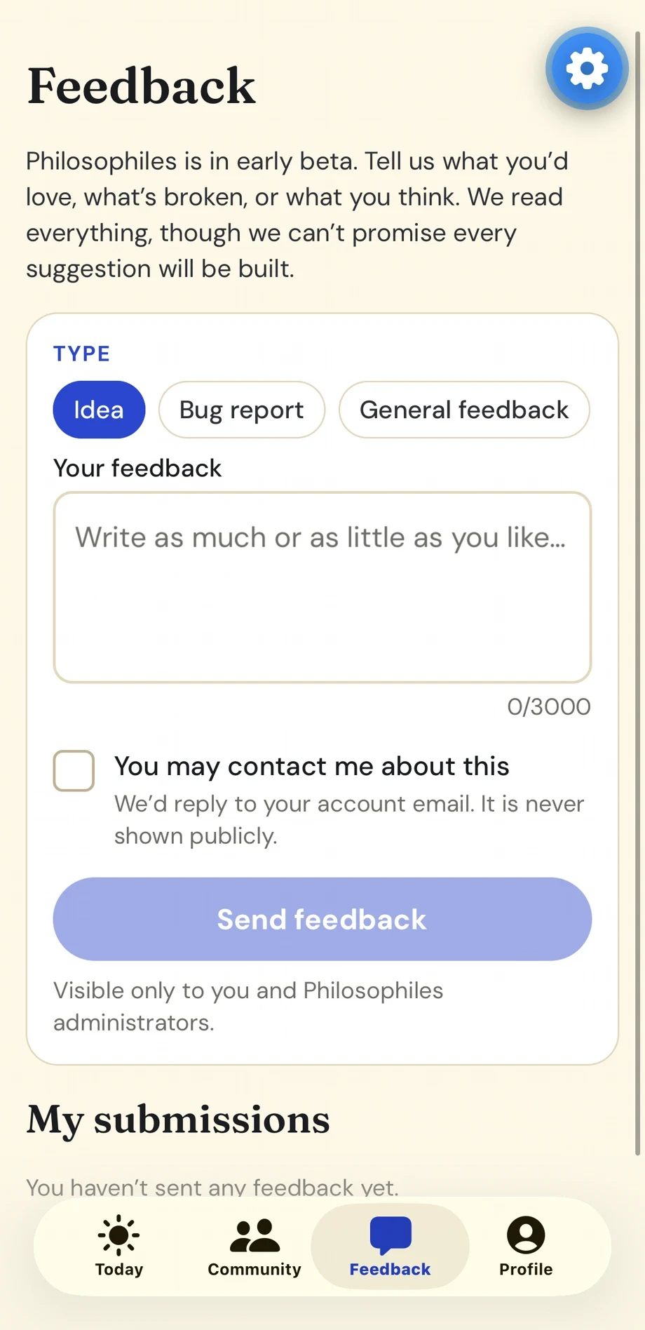 Prototype screenshot of the Feedback screen, where early participants can suggest ideas, report problems, or share general feedback