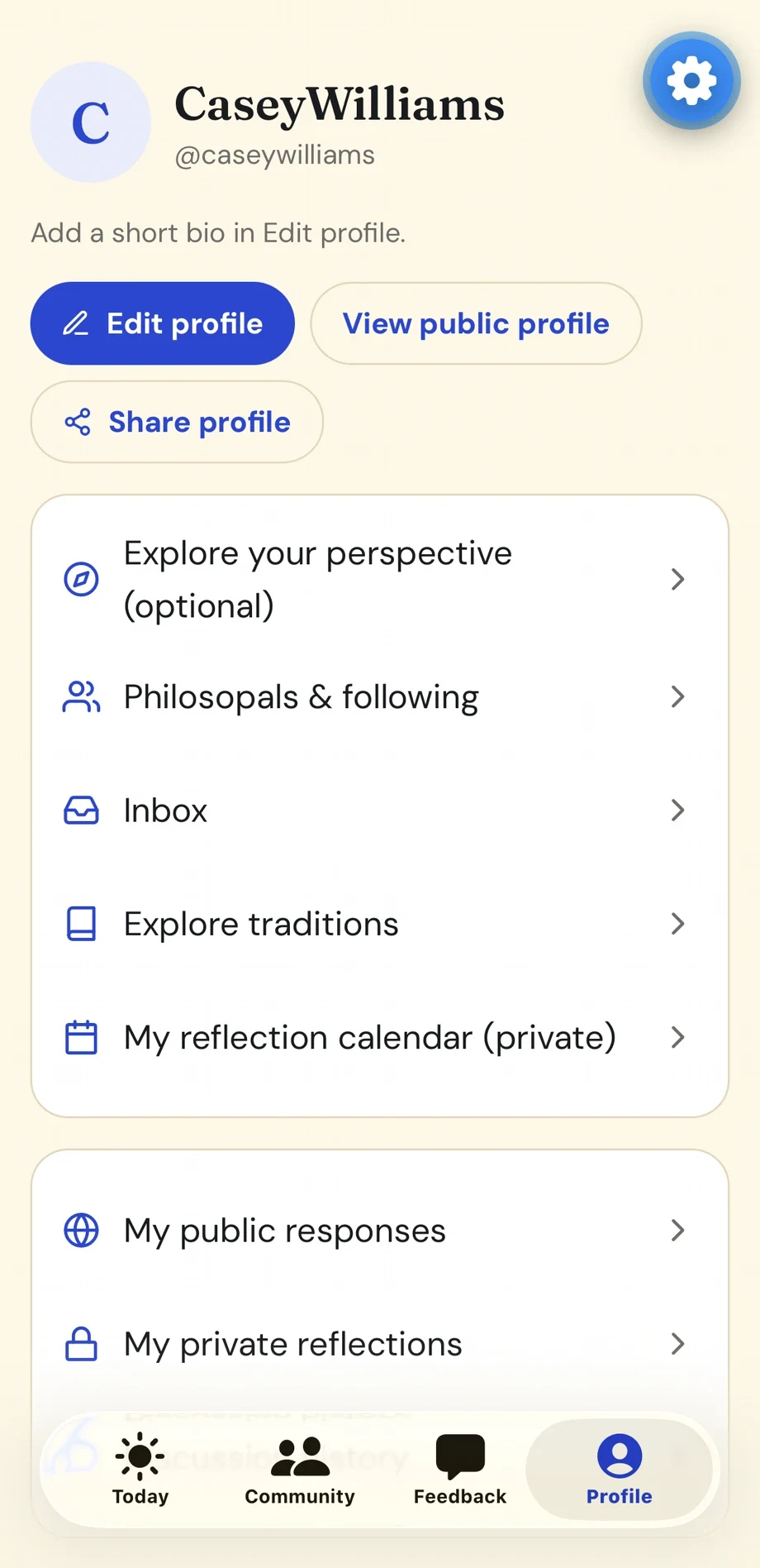 Prototype screenshot of the Profile screen, with a reflection calendar, public responses, private reflections, and Philosopals connections